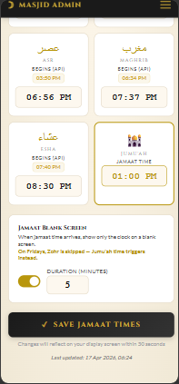 Masjid Admin Panel showing templates and announcement management