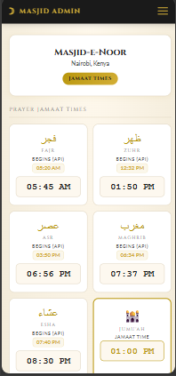 Masjid Admin Panel dashboard for managing Jamaat times and templates